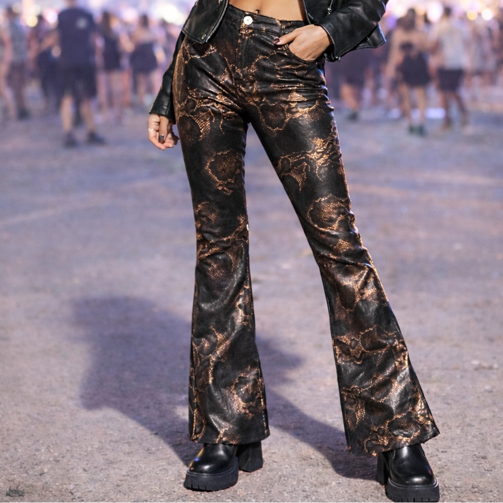 Metallic Black & Bronze Snake-Print Flared Pants